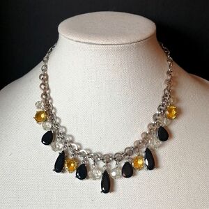 WHBM Black Yellow Glass Rhinestone Clear Faceted Plastic Bead Silver Necklace